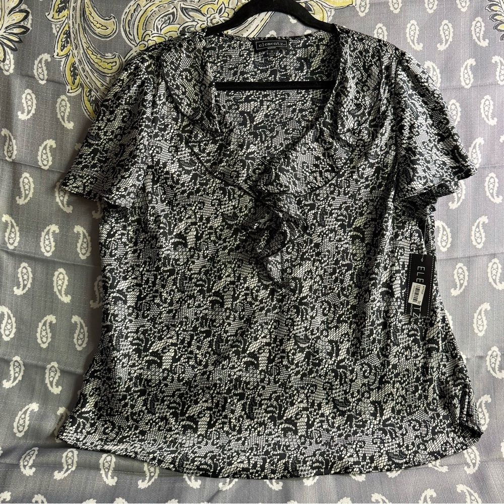 NWT Elementz Elegant Black and White Lace Print Top